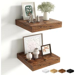 Fun Memories Floating Shelves for Wall - 10" x 10" Wood Shelf with Invisible Bracket - Deep Floating Shelves - 10 Inch Shelf Wall-Mounted for Living Room & Bathroom - Rustic Brown - Set of 2