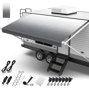 RV Awning Fabric Replacement, 19.5oz Heavy Duty Vinyl, with Tie Down Kits & 7 Hooks & Pull Strap for Trailer Camper Awning- 14'(Fabric 13'2"), Light Gray Fade