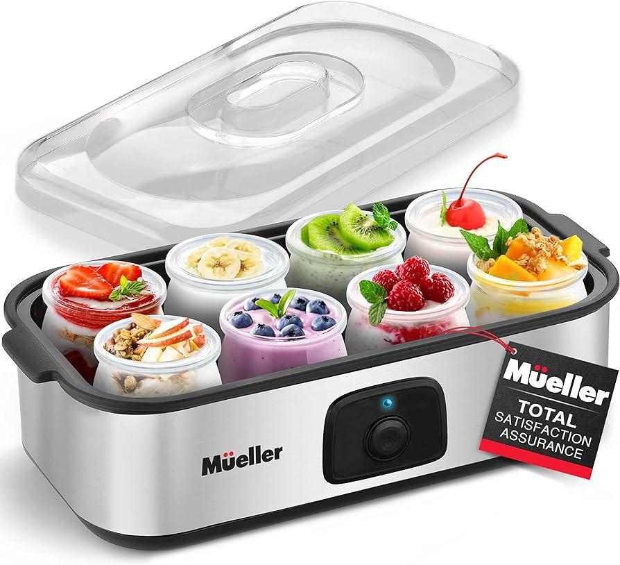 Mueller Yogurt Maker, Greek Yogurt Machine with 8 Glass Jars/Lids, One Touch Display: Perfect for Organic, Sweetened, Flavored, Plain, or Sugar Free Options for Baby, Kids, & Parfaits 