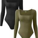 OQQ Women's 2 Piece Bodysuits Sexy Ribbed One Piece Square Neck Long Sleeve Tops (Large)