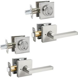 Front Door Handle Set with Deadbolt, Door Levers and Single Cylinder Deadbolt Set, Keyed Alike Heavy Duty Keyed Privacy Handles Locksets,(Satin Nickel,2Pack)