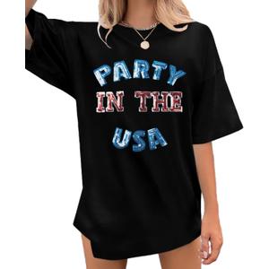 Party in The USA T-Shirt Women 4th of July Independence Day Shirts Funny Patriontic Graphic Short Sleeve Tee Tops (Small, Embroidery-black)
