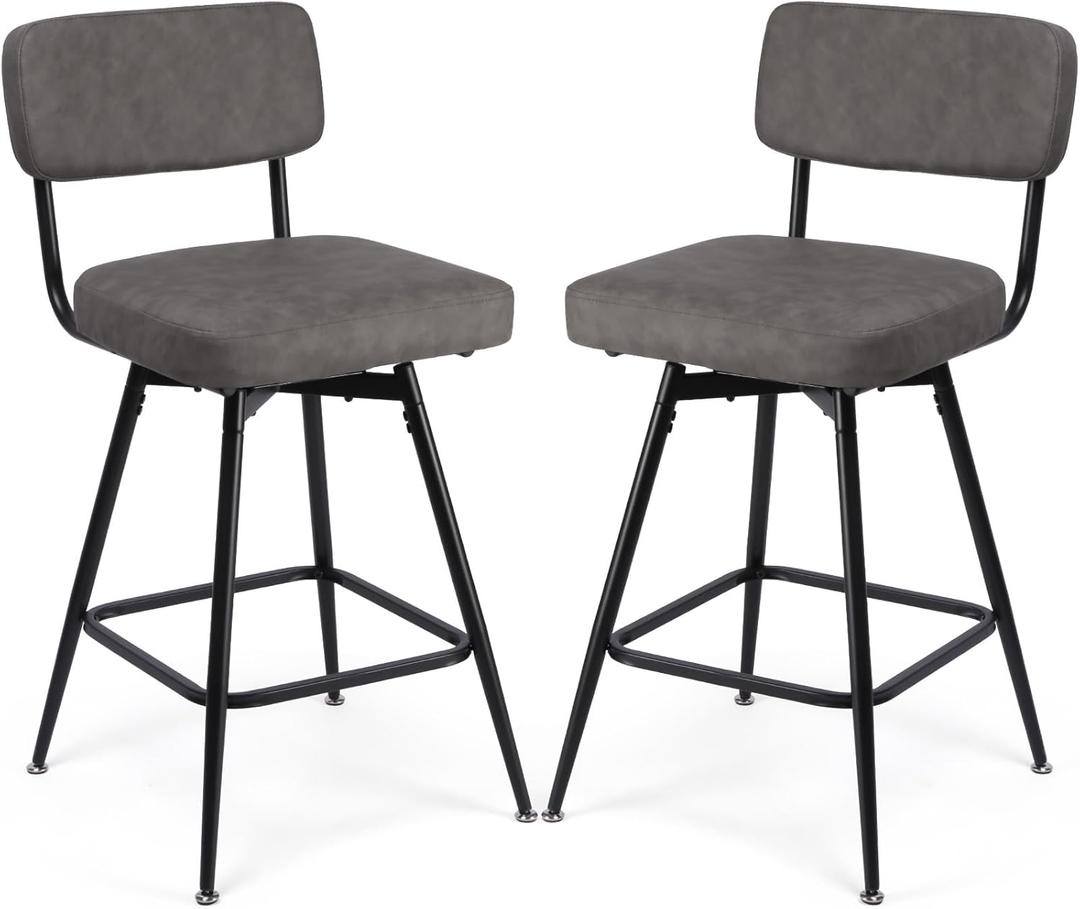 Swivel Bar Stools Set of 2, 30 Inch Leather High Back Counter Height Bar Stools, Modern Rotating Barstools with Footrest, Comfortable Tall Pub Chairs for Kitchen Island, Black