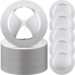 Zhehao 100 Pcs Charger Plates Bulk 13 Inch Round Wedding Chargers Plastic Plate Dinner for Wedding Party Baby Shower Table Setting Event Decoration(Silver)