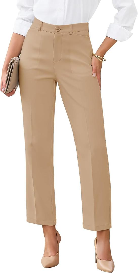 GRAPENT Womens Dress Pants Business Casual Ankle Straight Leg Trousers Elastic Waist Office Work Pants with Pockets (Brown, S)