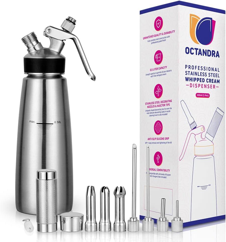 OCTANDRA 304 Stainless Steel Whipped Cream Dispenser 500mL/1 Pint Whip Cream Canister Maker Commercial Grade Whipping Siphon Cream Whipper with 3 Decorating Tips, 4 Injector Tips & Charger Holder
