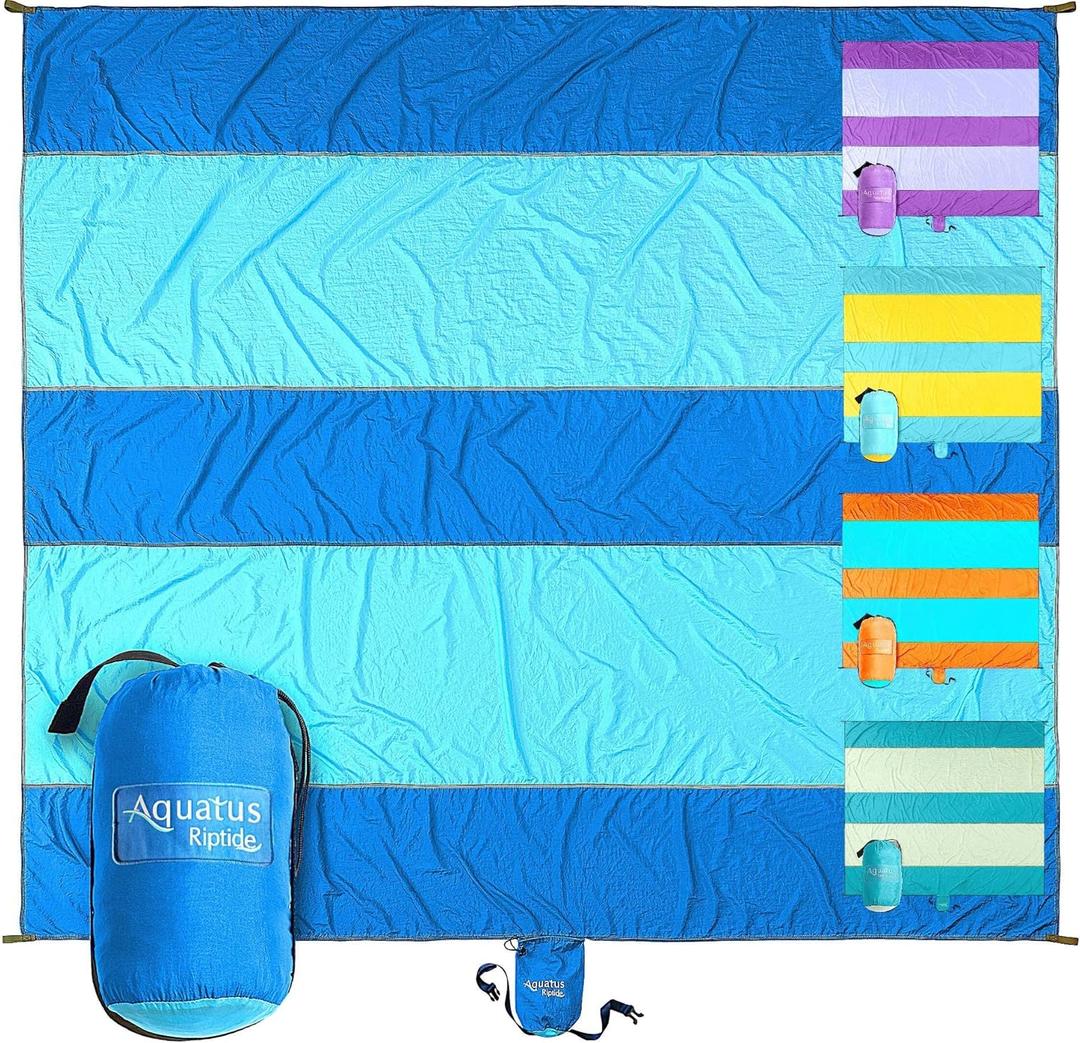 Extra Large Beach Blanket Waterproof Sandproof  XXL Oversized Beach Mat 10ft x 9ft Fits up to 8 Adults - Quick Dry Travel Blanket with 4 Stakes, Corner Pockets, Strap and Attached Bag (Riptide)