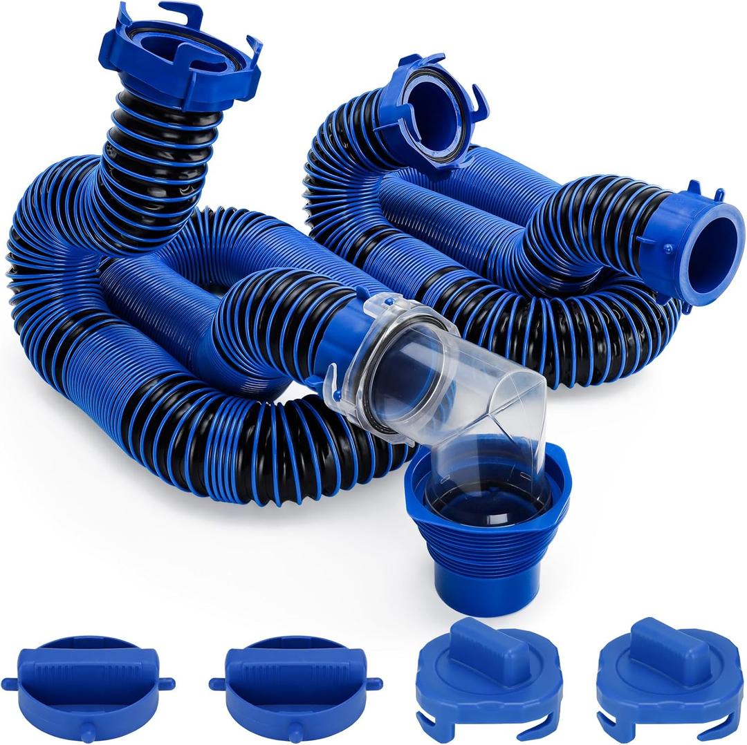 RV Sewer Hose, Sewer Hose for RV Camper - Includes 2 Attachable 10 ft Sewer Hose kit with Swivel Fitting, 90 Degree Clear View Sewer Adapter, and 4 Storage Caps