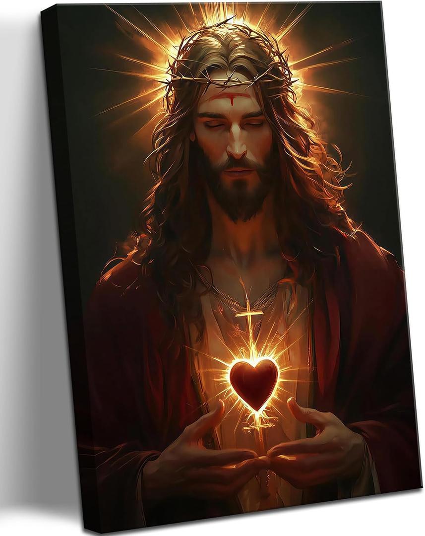 Framed Sacred Heart of Jesus Wall Art - Divine Mercy Canvas Painting, Christ Jesus Portrait Christian Wall Decor, Catholic Religious Artwork for Living Room Bedroom Prayer Room, 16x24in