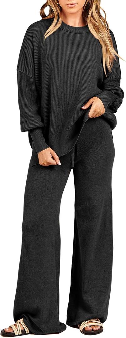 ANRABESS Womens 2 Piece Outfits Fall Lounge Set 2025 Oversized Chunky Knit Sweater Top Wide Leg Pants Loungewear Clothes Black, Medium
