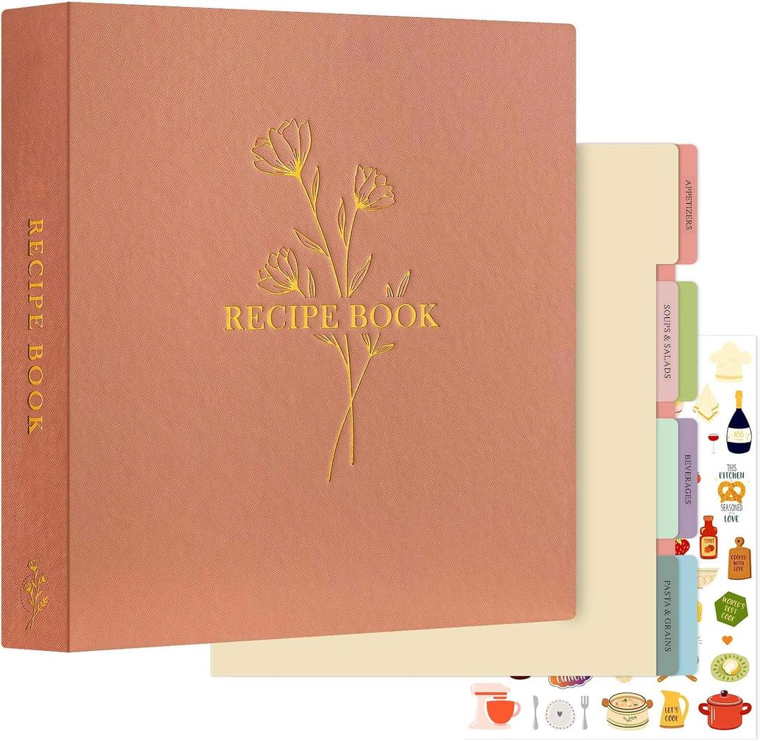 Lanpn Recipe Binder 8.5x11 3 Ring Kit, Waterproof Recipe Book Organizer Binder with 60 Plastic Sleeves,116 Recipes, Dividers,Labels & Stickers, Blank Recipe Binder to Write in Your Own Recipes, Rose