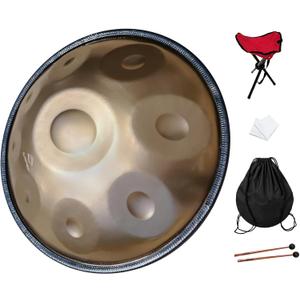 Handpan, 18 inches, 9 notes, 440Hz, G minor, comes with handpan stand, handpan bag, two beaters, and dust cloth.9-440hz (Mini Gold)