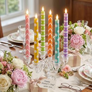 Honoson 6 Pcs Mother's Day Flameless Taper Candles 10.6 Inch Colorful Geometric Candles Battery Operated LED Candlesticks for Summer Dinner Table Home Party Decor