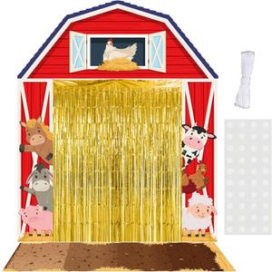 VitalCozy 7pcs Farm Animal Theme Party Decorations Farm Barn Party Porch Banners Yellow Rug Gold Foil Fringe Backdrop Curtains for Animal Birthday Barnyard Awning Photo Background Door Entryway Decor
