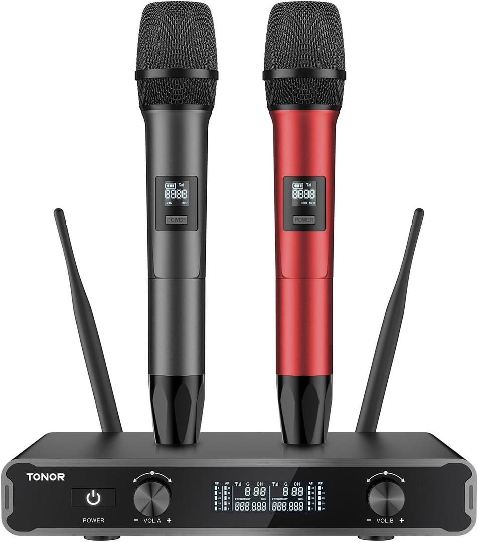 TONOR Wireless Microphone Systems, Dual 2x15 adjustbale UHF Channels Micro Kit, Metal Handheld Dynamic Singing Mic 200ft with Receiver for Karaoke, DJ Party, Church, Wedding, Speech, PA TW450 Grey&Red