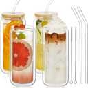 LIBWYS 16oz Double Wall Drinking Glass Cups with Bamboo Lids and Straws, 4 Pc Set  Condensation Resistant Insulated Glass Can Tumblers for Cold Drinks, Iced Coffee, Tea, Juice, Cleaning Brush