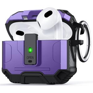for AirPods 3 Case Cover [Safety Lock] [Magnetic One-Click Open] [Military Shockproof Armor] Double Rugged Outdoor Wireless Charging Case for AirPods 3rd Generation with Keychain, Purple