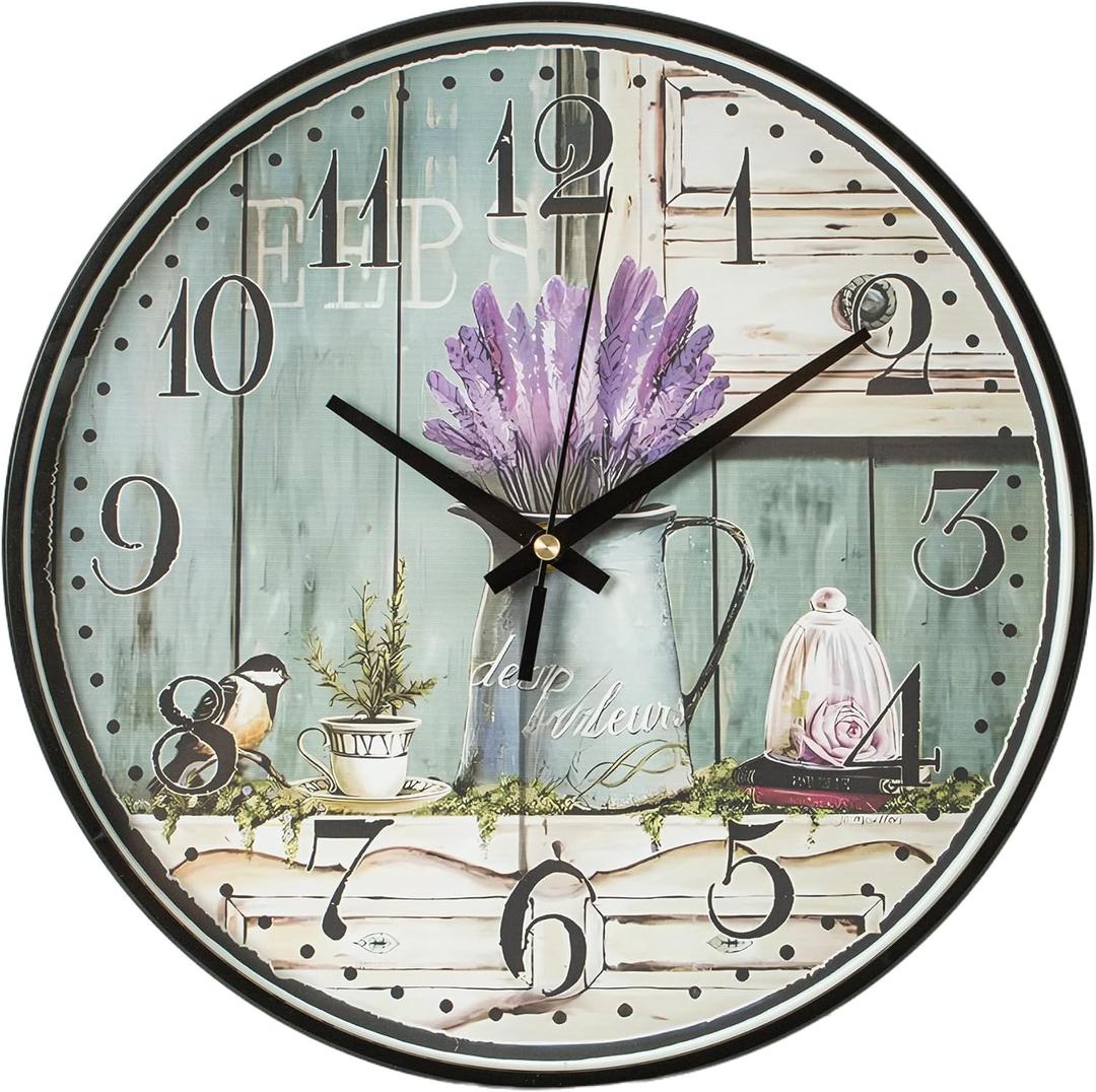 MOVEBEST Vintage Flower Clock with Lavender Decoration for Living Room and Bedroom, Silent and Non Ticking Glass Wall Clock