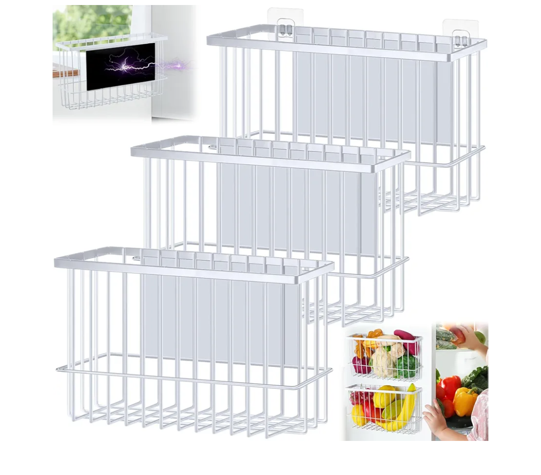 Menkxi 3 Pcs Magnetic or Adhesive Refrigerator Organizer Magnetic Baskets Kitchen Holder for Refrigerator Metal Shelf Rack Storage with 2 Types of Installation(White),1 Organizer Missing