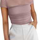 REORIA Women's Sexy Mock Turtle Neck Short Sleeve Shirts Sheer Mesh Ruched Trendy Going Out Bodysuits Tops (Medium, Pantone)