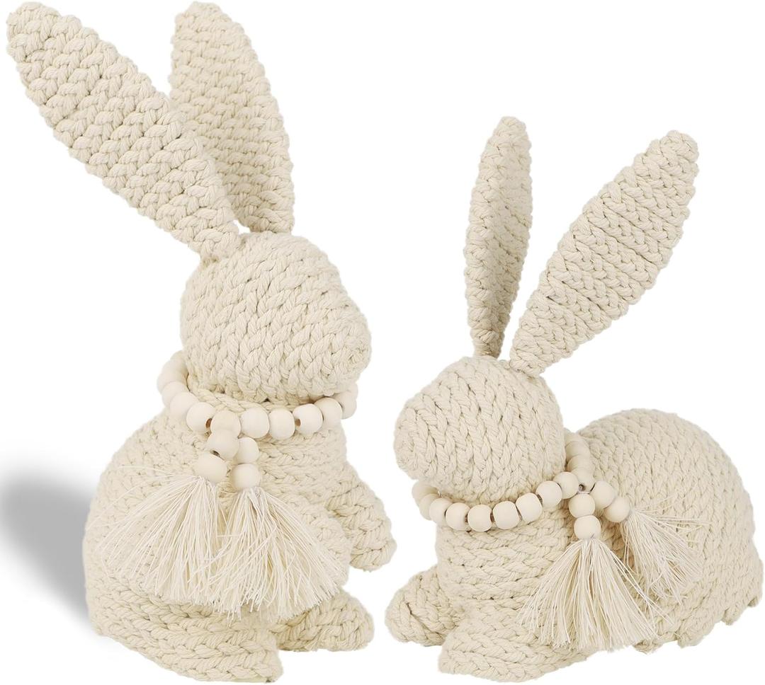 DR.DUDU 2 Pack Easter Bunny Figurines Decor, Rabbit Figurine Table Decorations, Spring Bunnies Decoration Cotton Woven Statue for Home Indoor Centerpieces Fireplace Farmhouse Gifts (Beige)