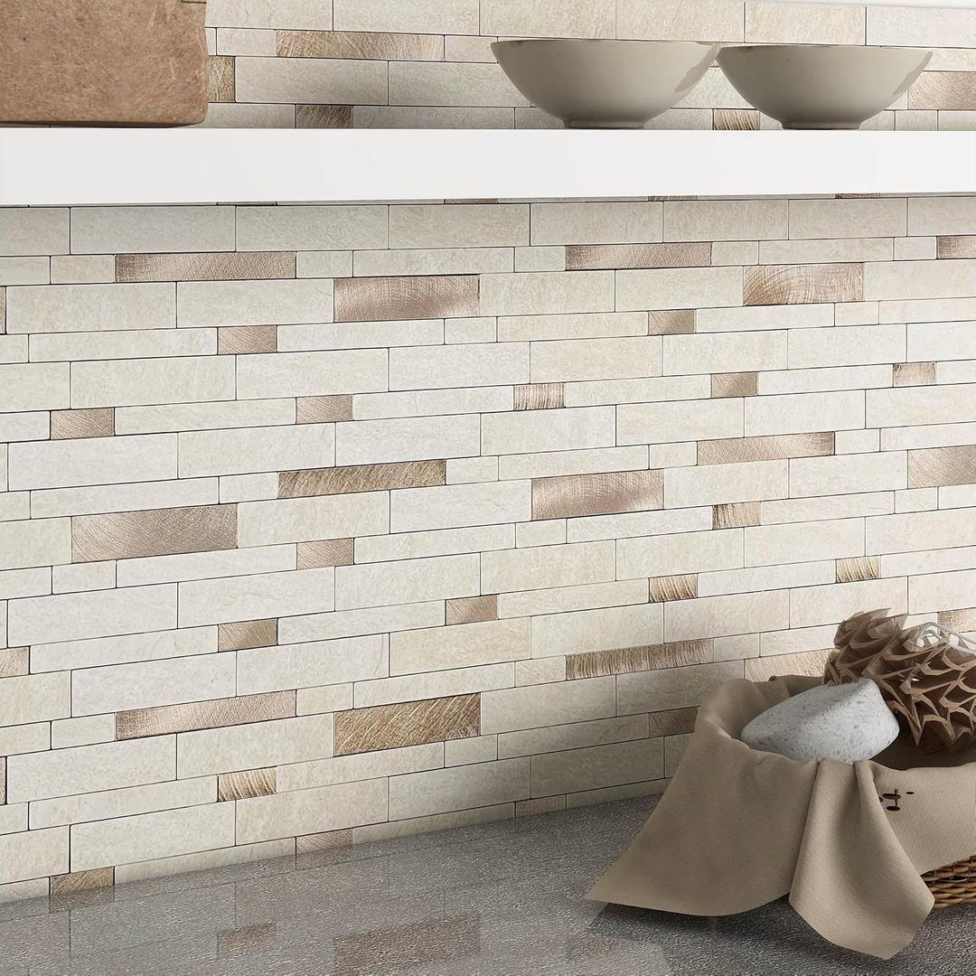 BeNice Backsplash Peel and Stick Wall Tiles for Kitchen,Subway Self Adhesive Linear Mosaic Stickers Bathroom Waterproof(10 Sheets,Rustic Beige Brown)