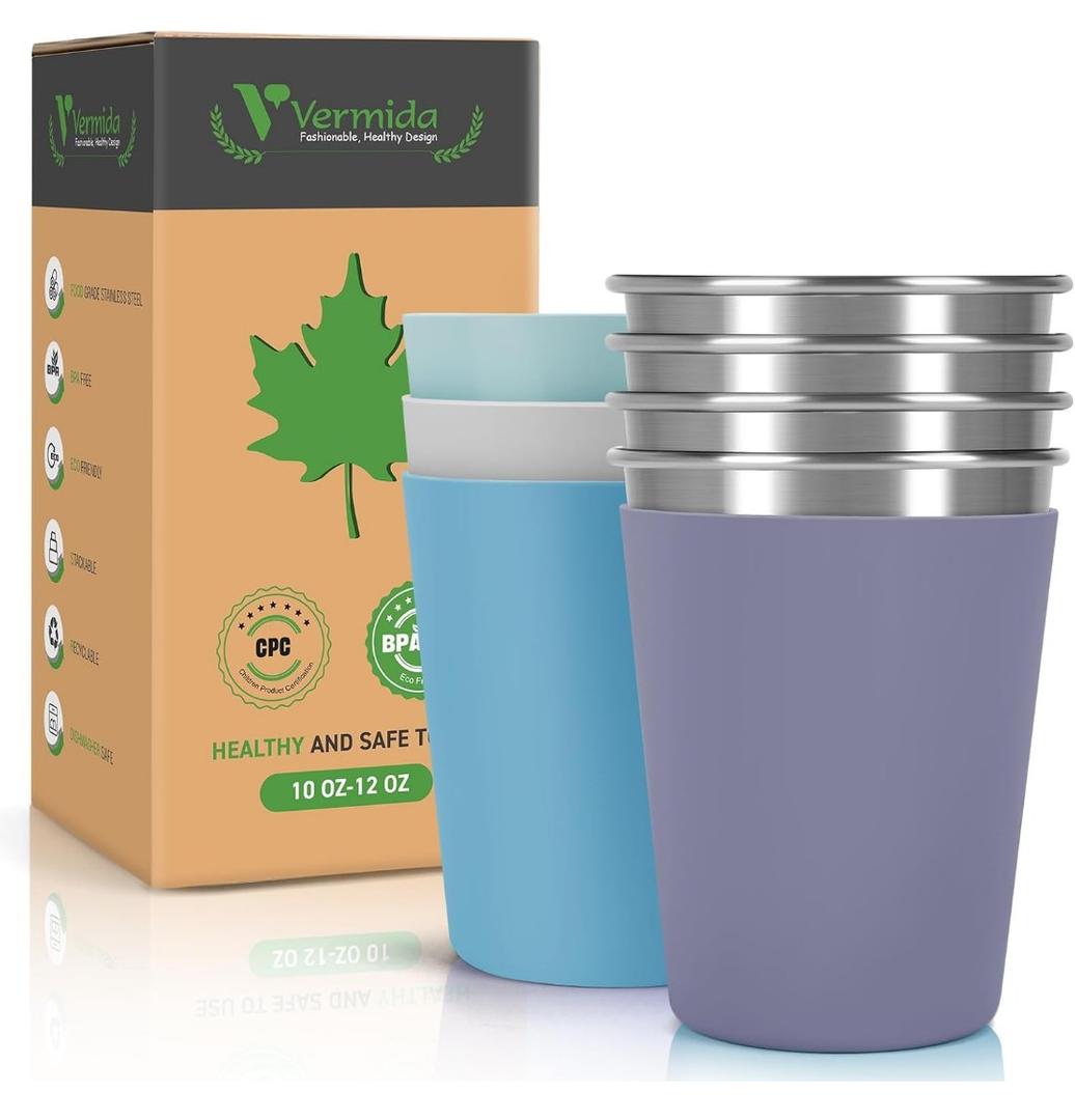Stainless Steel Cups for Kids and Toddlers, 12oz Stackable Stainless Steel Kids Cups with Silicone Sleeves Sweat Proof, Unbreakable Metal Cups for Home & Outdoor, BPA Free (4 Pack)