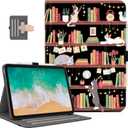 Case for iPad (A16) 11th Generation 2025, iPad 10th Generation Case with Pencil Holder Kids Men Women Multi-Angle View Adjustable Stand Shockproof with Pocket/Hand Strap/Auto Wake Sleep, Bookshelf Cat