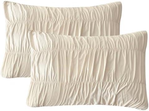 QSH Ruched Pillowcases Queen Size Set of 2, Wheat Shabby Pillow Shams 20"x30", Boho Chic Bedding Pillow Covers Queen Ultra Soft and Breathable Microfiber Pillow Sham Set