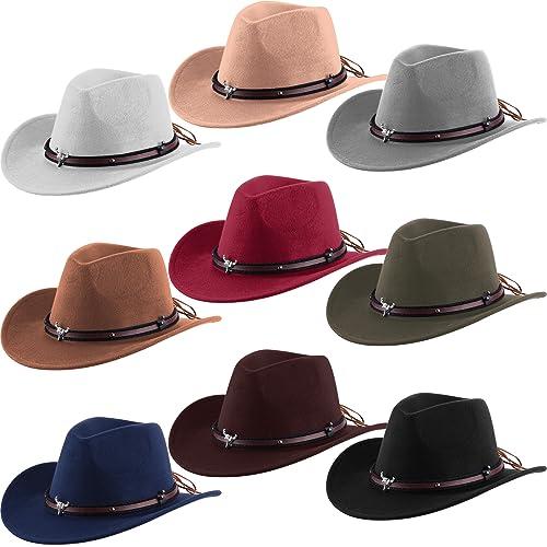 Toulite 9 Pcs Western Cowboy Hat Fur Faux Felt Hats Travel Cap with Strap for Men Women Cowgirl Party Cosplay Costume(Multi), Size 57