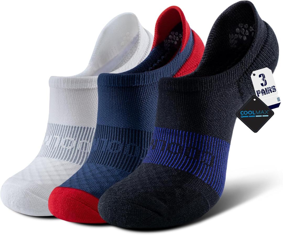 BRISIRA Coolmax Bamboo Viscose Kids No Show Socks Compression Athletic Running Sports Boys Socks Ankle Cushioned for Youth (Large, Black + White + Blue 3 Pairs)