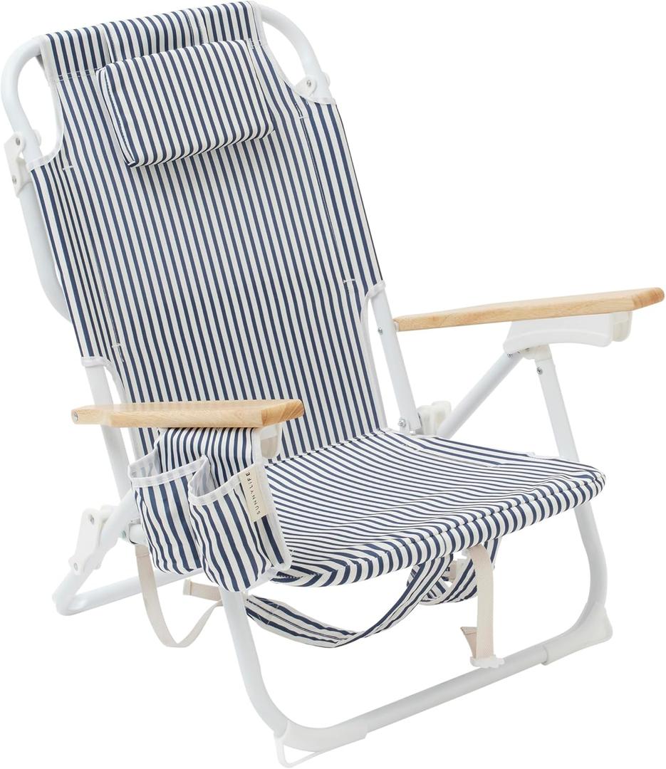 SUNNYLiFE Luxe Reclining Beach Chair with Insulated Cooler Pocket | 6 Positions Incl. Flat, Oak Armrests, Backpack-Ready | The Resort Coastal Blue