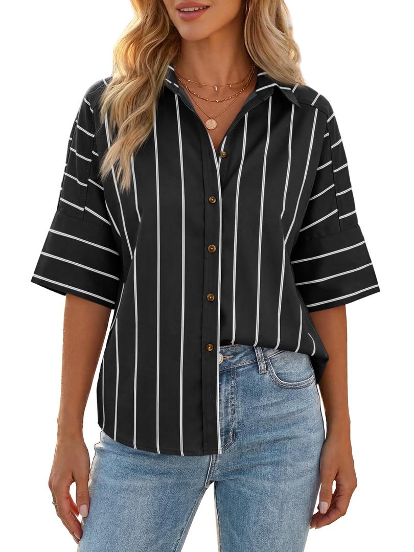 Cicy Bell Women Striped Button Down Shirt Short Sleeve Collared Blouse Tops (Black)