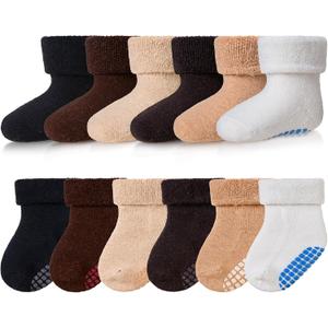 Baby Wool Floor Socks Soft Winter Warm Thick Non slip Toddler Boys Girls Crew Neck Socks 6 pairs (0-12 Months, Solid Color E)