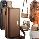 CaseMe 2-in-1 Detachable for iPhone 12/ Pro Crossbody Wallet Case with RFID Blocking 10-Card Holder for Woman, PU Leather Wrist Strap Zipper Purse Wallet Phone Case for iPhone 12 & 12 Pro 6.1", Brown
