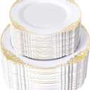 200PCS White and Gold Plastic Plates - Gold Disposable Plates - Gorgeous Wedding Plate 10inch Dinner & 7.25inch Dessert Plate for 100 Guests for Wedding & Party