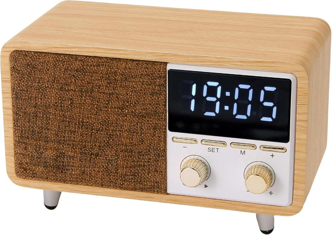 Retro Bluetooth Speaker Clock Radio with Fabric Grille&Wood Finish, Vintage FM Radio with Dual Alarm, Dimmable LED Display for Bedroom Nightstand, Office Desk, Loud Sound, Rechargeable, Knob Control , TF&AUX