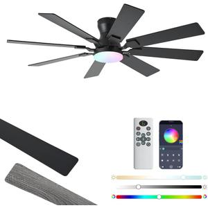 JSAITEE 52 inch Ceiling Fan with Light, 6 Speeds Reversible Low Profile Ceiling Fan with Light and Remote/APP Control, 3 Color Temp+Dimmable RGB, 8 Blades, Flush Mount Quiet Ceiling Fans, Black
