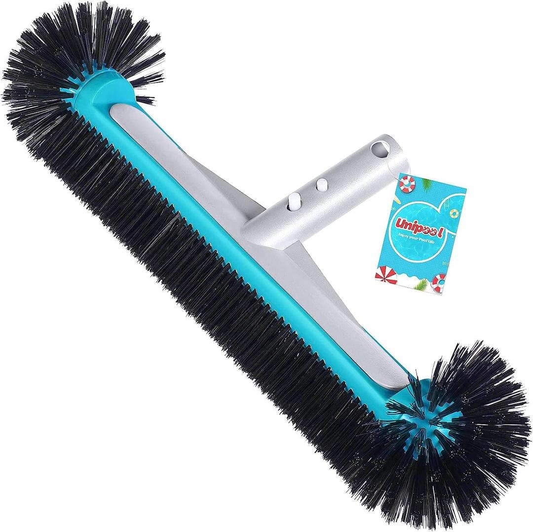 Swimming Pool Brush Head with Round Ends,17.5" Heavy Duty Aluminum Back Head for Cleans Walls, Tiles & Floors, 7 Rows Premium Nylon Bristles with EZ Clips (Blue Black)