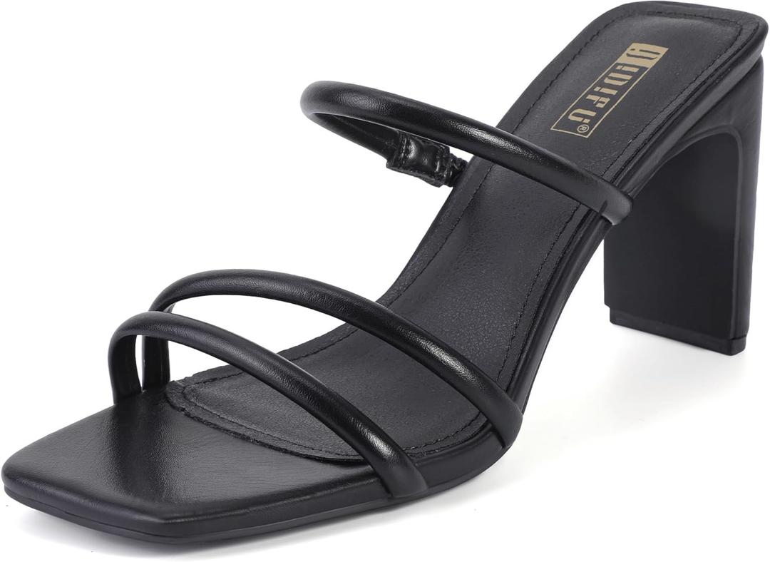 IDIFU Black Strappy Heels High Chunky Block Heels Square Toe Three Strap Slip On Heels Comfortable Slides Heeled Sandals Sexy Wedding Party Dress Shoes Open Toe Mules Heels for Women(Black Pu, 8.5)