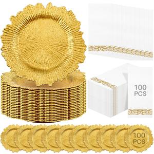 Nitial 100 Set Reef Charger Plate Set Bulk 100 Pcs 13" Plastic Plate Chargers Matte Ruffled Rim Charger Plate with 100 Pcs Paper Napkins Disposable Guest Towel for Table Setting Wedding Party(Gold)