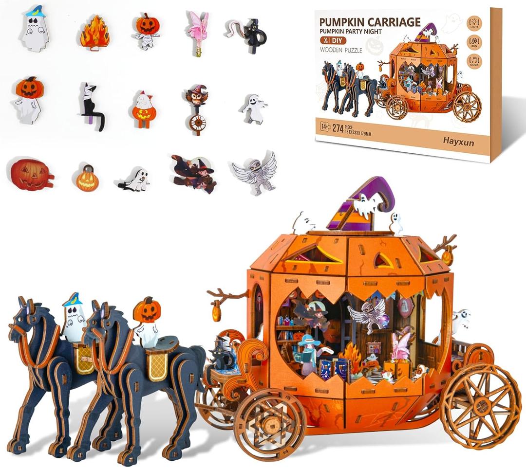 3D Wooden Puzzles for Adults, Gifts for Men, Women Teen 274 PCS Pumpkin Carriage Puzzle Kit Model with Lights, Music Box & Running Carriage, Boo Basket Stuffers Gift