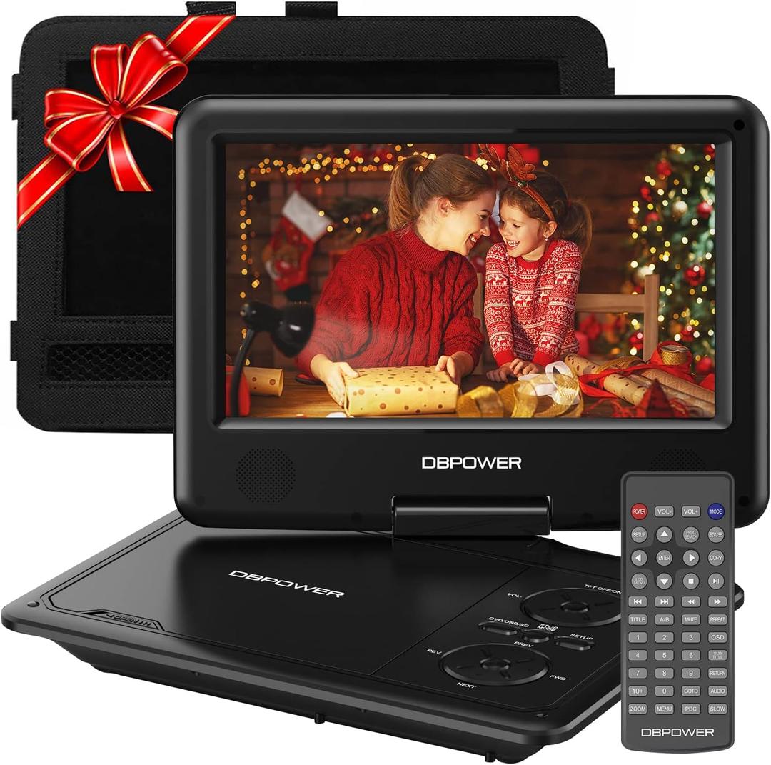 DBPOWER 11.5" Portable DVD Player, 5-Hour Built-in Rechargeable Battery, 9" Swivel Screen, Support CD/DVD/SD Card/USB, Remote Control, 1.8 Meter Car Charger, Power Adaptor and Car Headrest (Black)