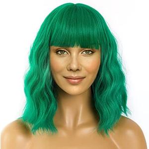 LANICE Green Wig for Women Short Bob Wigs with Bangs Natural Synthetic Wig Shoulder Length Colorful Wigs for Daily PartyUse(12inch,Green)