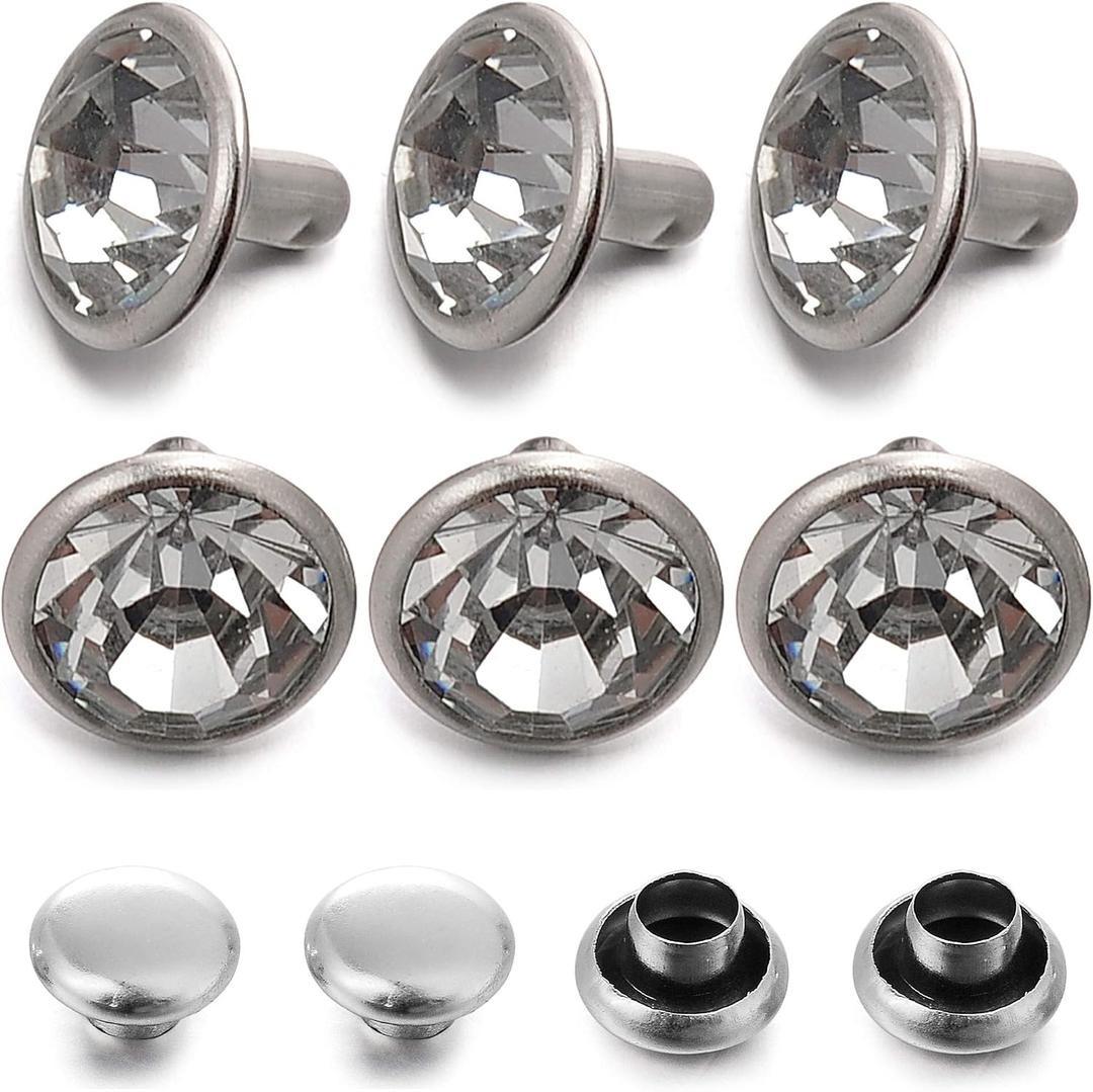 200 Sets Cz White Clear Crystal Rivets Rapid Rhinestone Silver Color Stud Rivets fit for DIY Leather-Craft and Garment (10 MM)