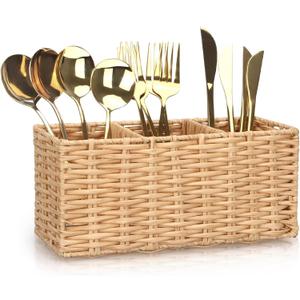 Ayiaren Wicker Flatware Silverware Caddy Cutlery Holder Kitchen Silverware Organizer Storage for Countertop Small Utensil Holders Party Table Spoon Knives Fork Holder Flatware Utensils Caddy Basket (9.5"Lx4"Hx3.3"W, Natural)
