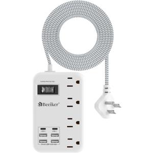 6 USB(2 USB C) Surge Protector Power Strip- 5Ft Travel Power Strip with 4.8A USB Charging Station and 4 Extendable Outlet, 13A Flat Plug Braided Extension Cord with Wall Mount for Travel Office Dorm