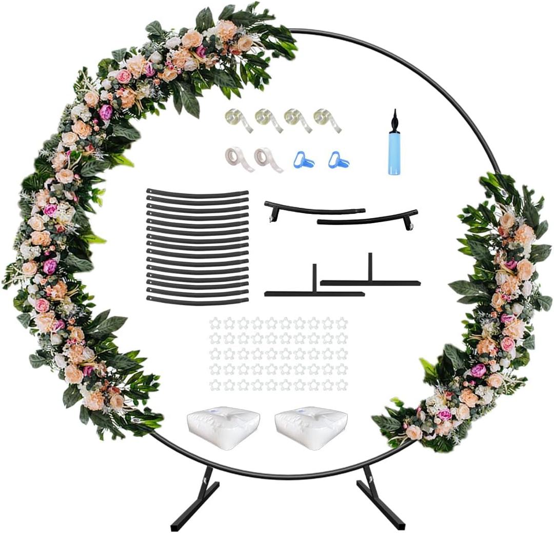 7 Ft Round Wedding Arch Stand with Metal Base for Flower Balloon Decoration, Circle Backdrop Stand Frame for Ceremony, Birthday Party, Baby Shower, Black