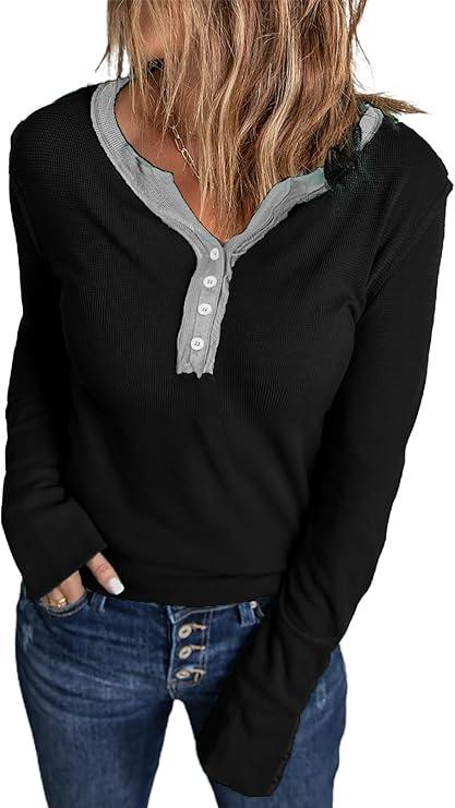 Acelitt Womens Casual Fall Long Sleeve Waffle Knit Henley Shirt Button Down V Neck Tunic Tops Blouses (Small, 01-white)