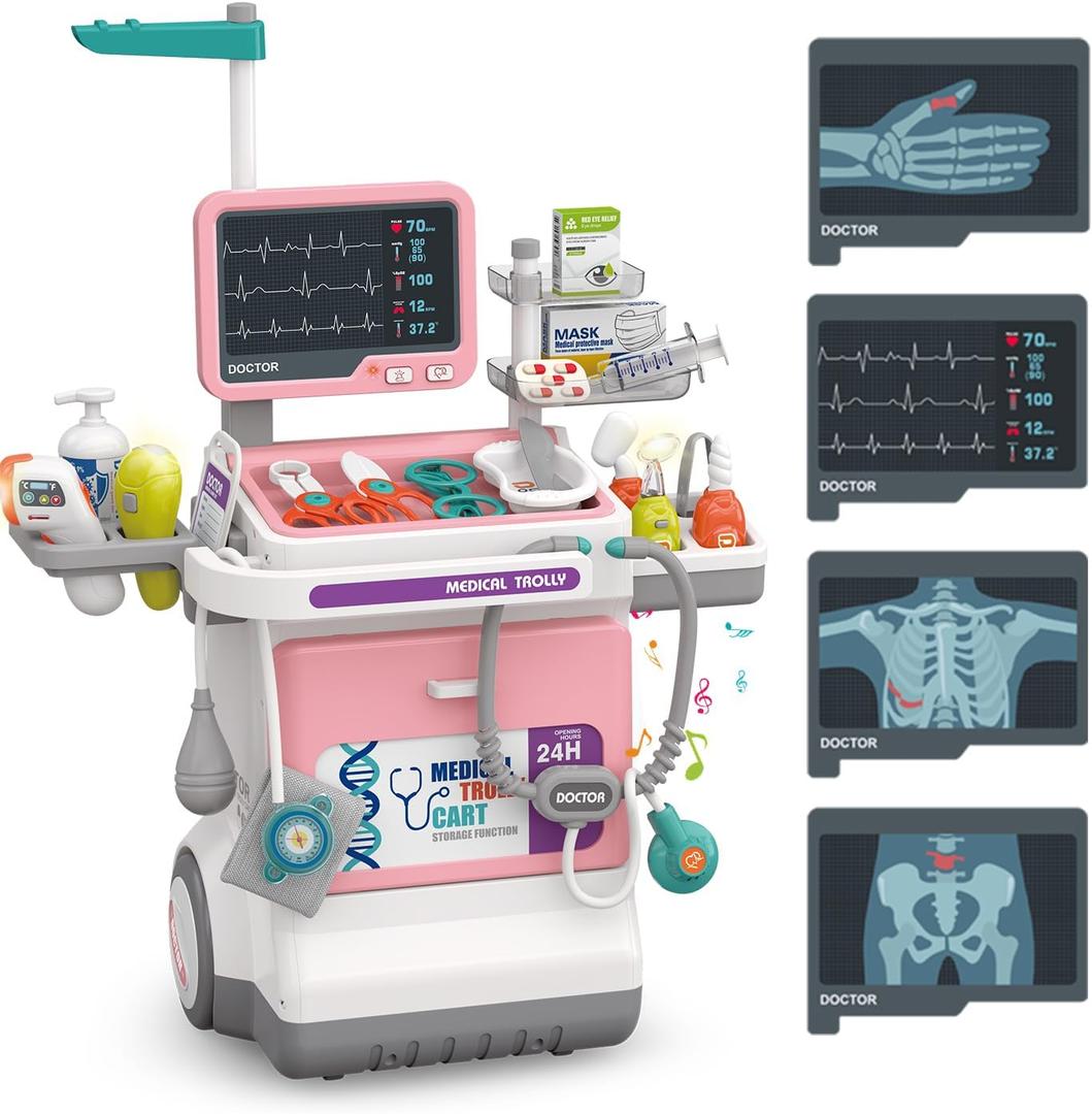 Doctor Kit for Kids Pretend Medical Station Set for Boys & Girls Mobile Cart with Kids Play Set for Ages 3 and Up Children Role Play Educational Toys (Pink)